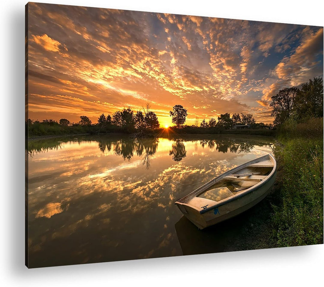 deyoli einsames Boot am See Format: 120x80 als Leinwandbild, Motiv fertig gerahmt auf Echtholzrahmen