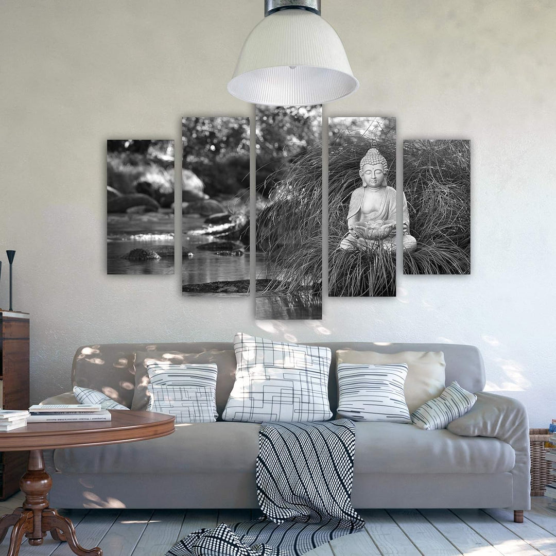 Feeby Wandbild XXL 5 Teilig Buddha Leinwandbild Natur Wasser Schwarzweiss 300x140 cm Leinwandbild 30