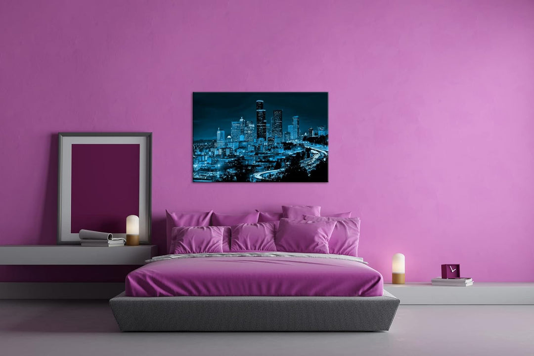 deyoli belebte Skyline von Seattle bei Nacht Format 80x60 Effekt: Monocrome Blau als Leinwandbild, M