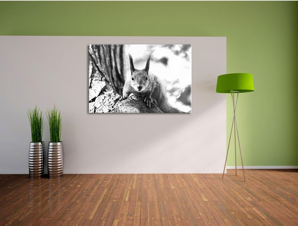 Pixxprint Eichhörnchen auf dem Baum / 100x70cm Leinwandbild bespannt auf Holzrahmen/Wandbild Kunstdr
