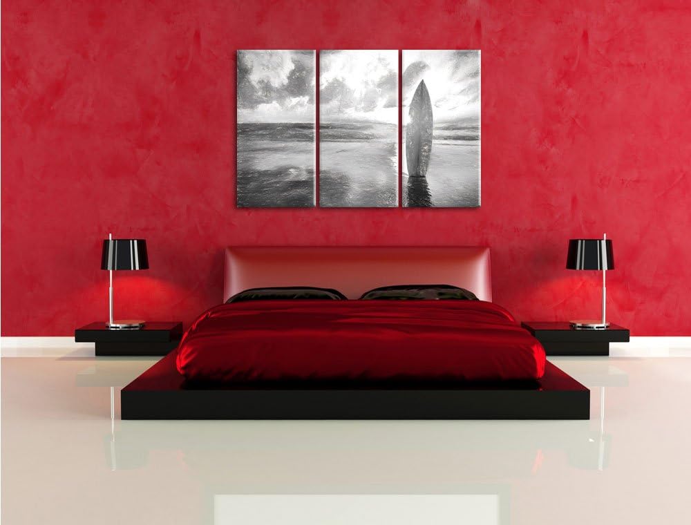 Pixxprint Surfbrett am Strand / 3-Teilig/Gesamtmass 120cm Leinwandbild bespannt auf Holzrahmen/Wandb
