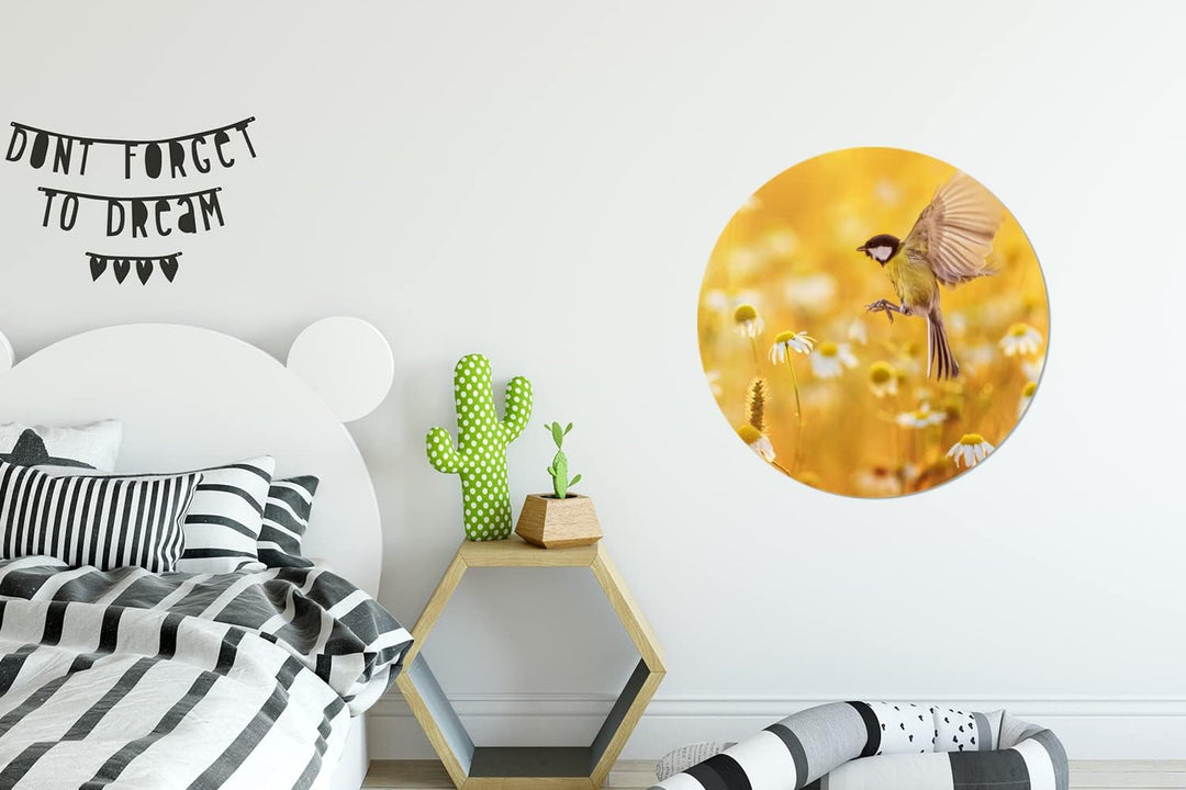 MuchoWow Wandbild Rund Wanddeko Deko Wohnzimmer Bilder 60x60 cm Vogel - Kohlmeise - Blumen - Gänsebl