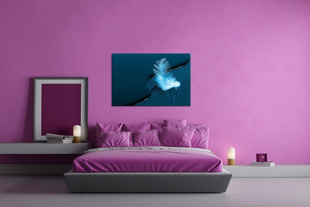 deyoli schöne Feder mit Wassertropfen Format 80x60 Effekt: Monocrome Blau als Leinwandbild, Motiv fe