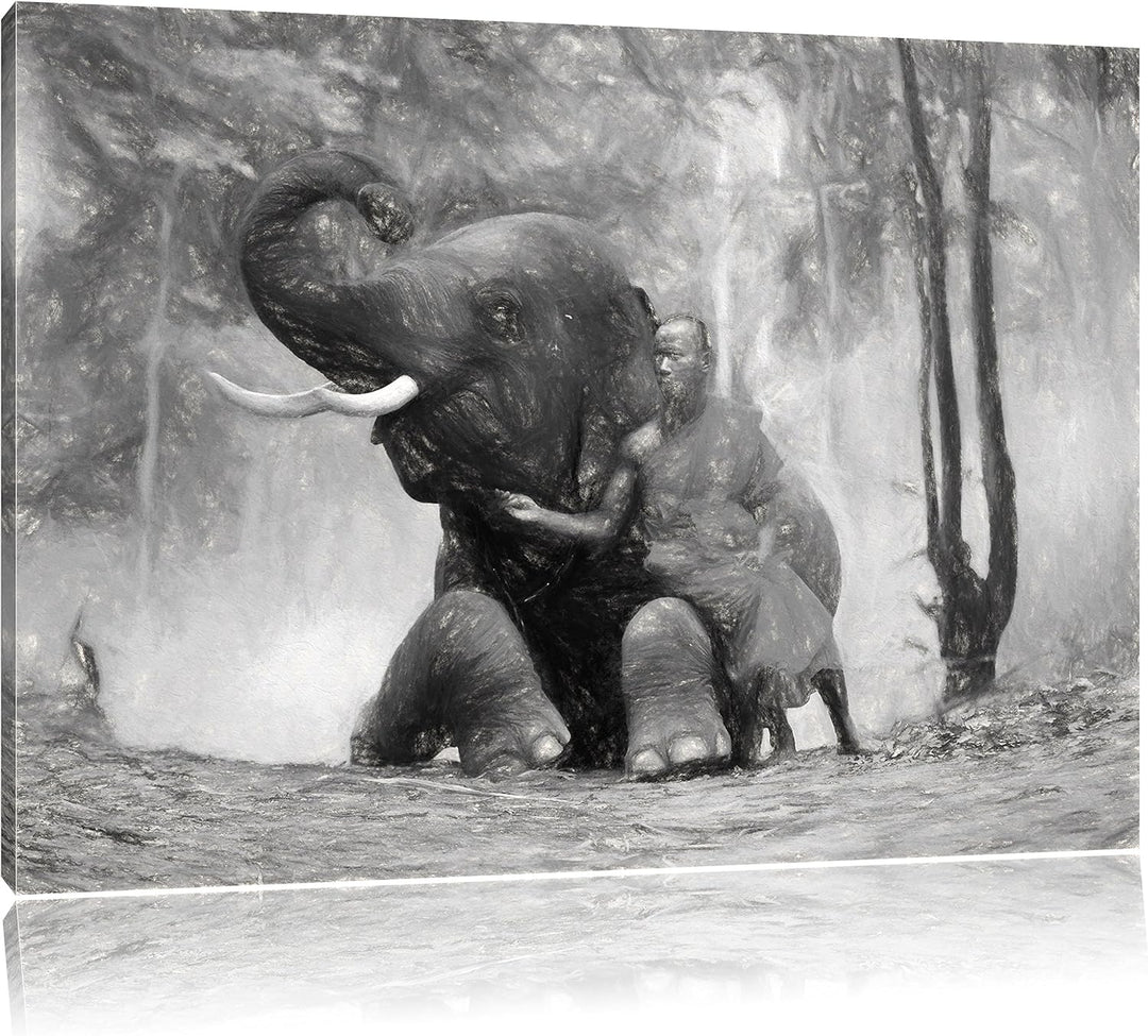 Pixxprint EIN Mönch mit Elefanten im Wald Kunst Kohle Effekt, Format: 100x70 auf Leinwand, XXL riesi