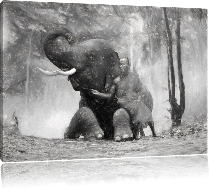 Pixxprint EIN Mönch mit Elefanten im Wald Kunst Kohle Effekt, Format: 100x70 auf Leinwand, XXL riesi