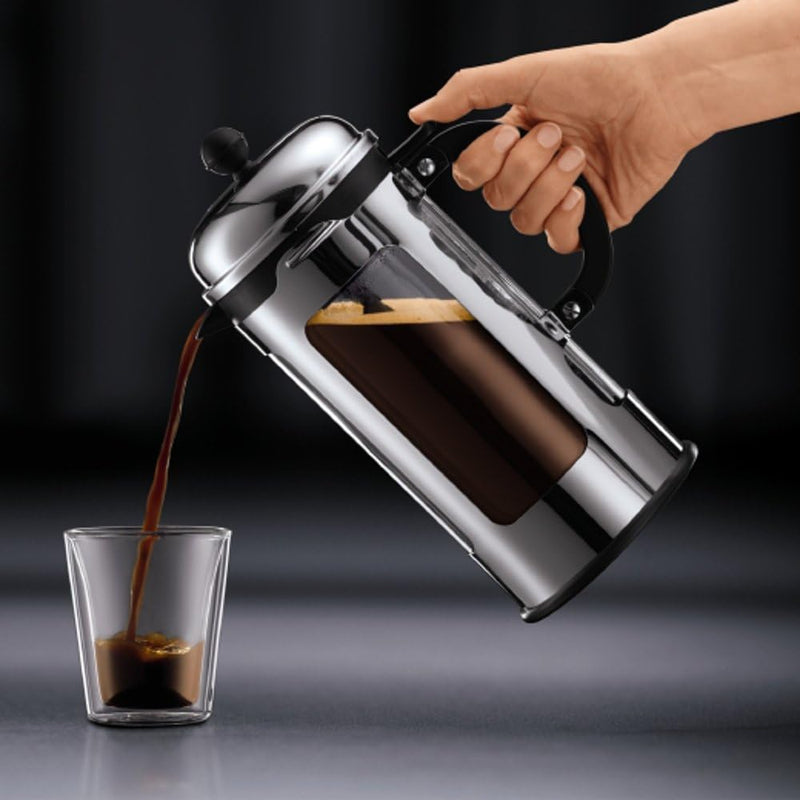 Bodum CHAMBORD Kaffeebereiter (French Press System, Auslaufschutz, Edelstahlrahmen, 1,0 liters) glän