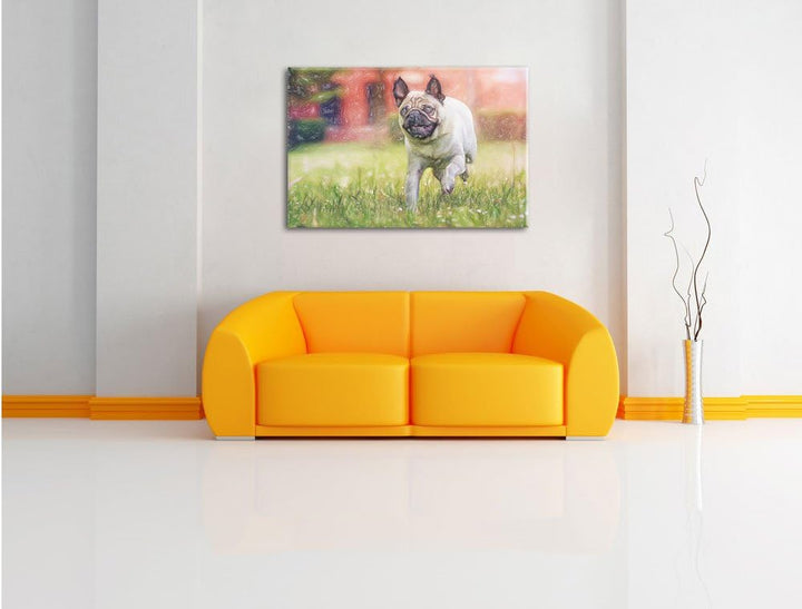 Pixxprint Rennender Mops als Leinwandbild/Grösse: 100x70 cm/Wandbild/Kunstdruck/fertig bespannt, 100