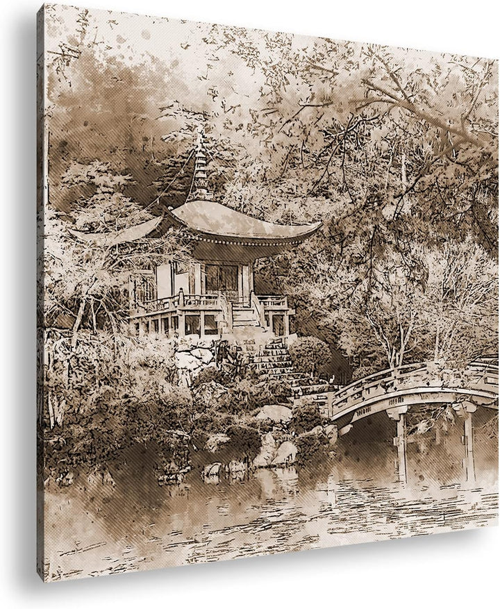 traditionell japanischer Garten Effekt: Sepia, Format: 70x70 als Leinwandbild, Motiv fertig gerahmt