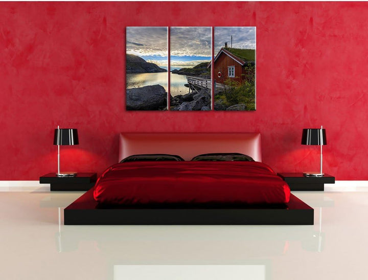 Pixxprint Sonnenaufgang am Fjord Norwegens als Leinwandbild/Grösse: 3 Teilig (120x80) / Wandbild/Kun