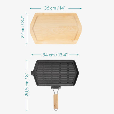 Navaris Gusseisenpfanne für Fajitas Steak 34x20,5cm gross - feuerfeste Gusseisen Pfanne mit Holzgrif