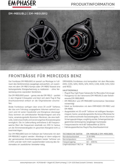 EMPHASER EM-MBSUBR2 – 20 cm / 8“ Auto Subwoofer kompatibel mit Mercedes Benz Fahrzeugen, Plug & Play