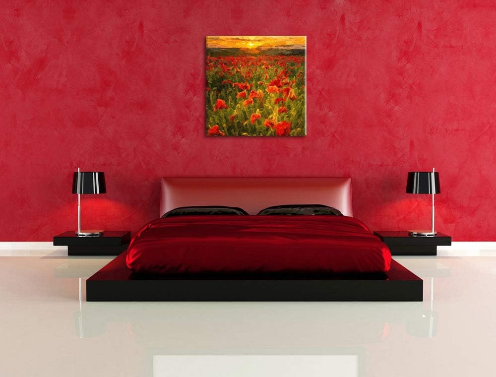schöne Mohnwiese, Format: 70x70 auf Leinwand, XXL riesige Bilder fertig gerahmt mit Keilrahmen, Kuns