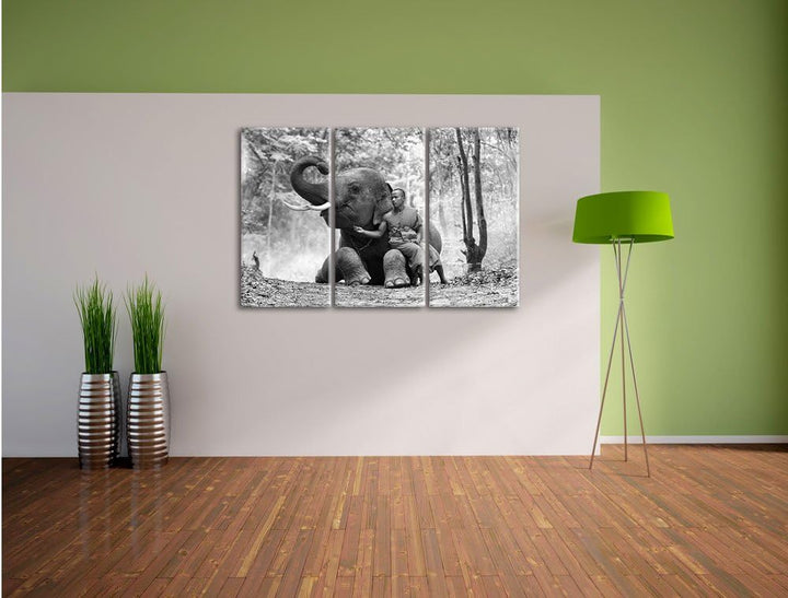 Pixxprint Mönch mit Elefanten im Wald / 3-Teilig/Gesamtmass 120cm Leinwandbild bespannt auf Holzrahm