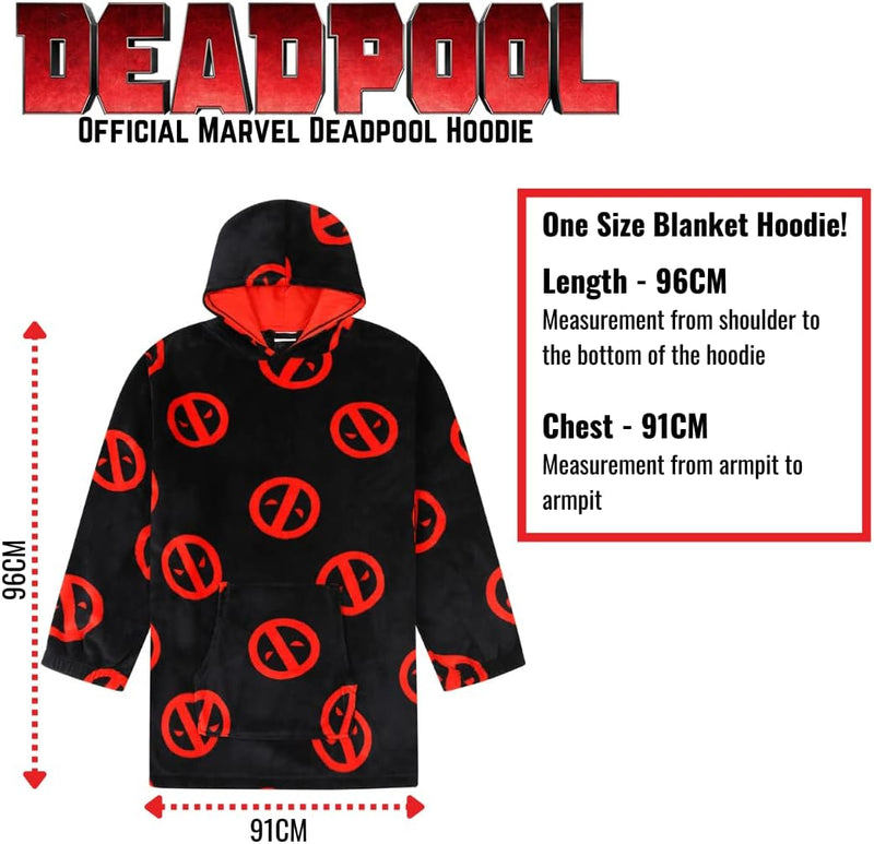 Marvel Deadpool Herren-Kapuzenpullover, übergrosse Fleecedecke, Schwarz, Schwarz , Einheitsgrösse