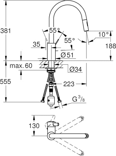 GROHE Eurosmart Cosmopolitan - Einhand-Spültischbatterie (Hoher Auslauf, zwei Strahlarten, herauszie