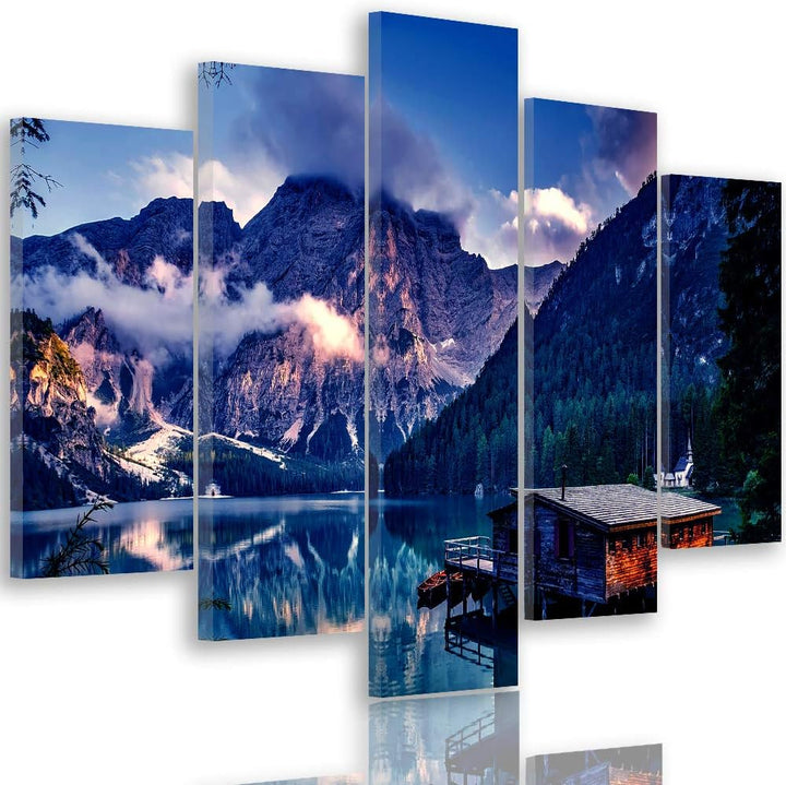 Bilder Berge 200x100 cm - Leinwandbild 5 Teilig XXL Kunstdruck Hütte See blau Leinwandbild XXL 200x1