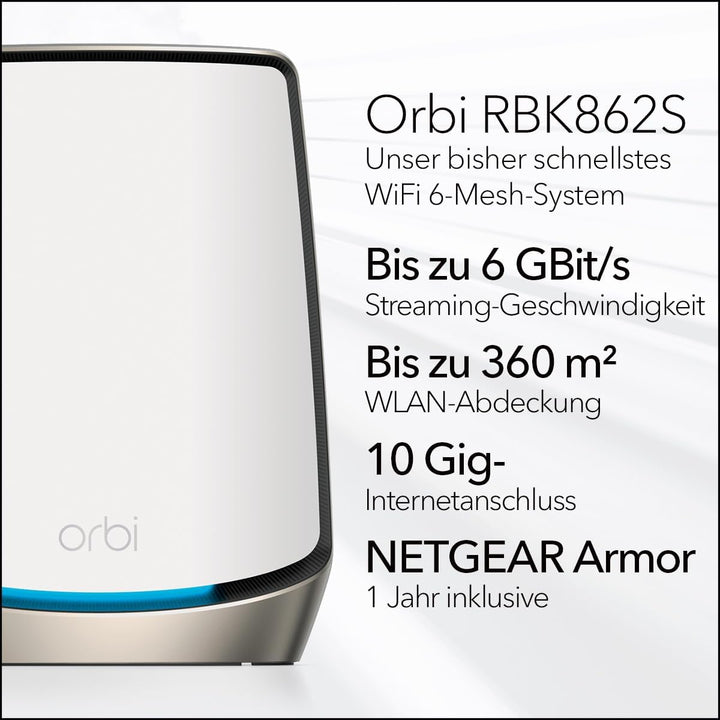 NETGEAR Orbi WiFi 6 Mesh WLAN System (RBK862S) | Triband Mesh, Router mit 1 Satelliten-Repeater, Abd