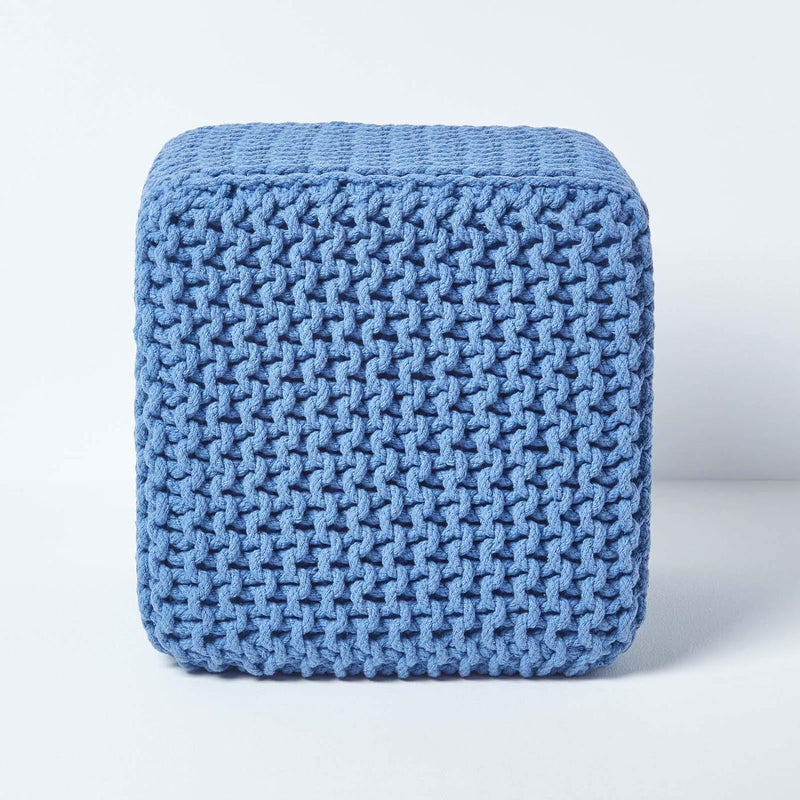 Homescapes Sitzhocker Sitzwürfel blau 35 x 35 x 35 cm, Strick Pouf, grob gestrickter Bezug aus 100%