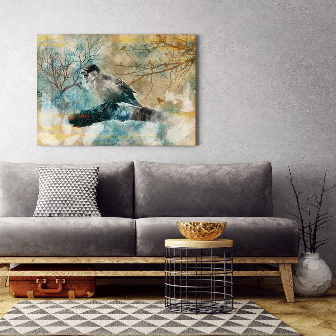 Feeby Vlies Leinwandbild XXL Bäume Federn Sitzender Vogel Zweig 120x80 cm Wandbild Kunst Bilder Schl