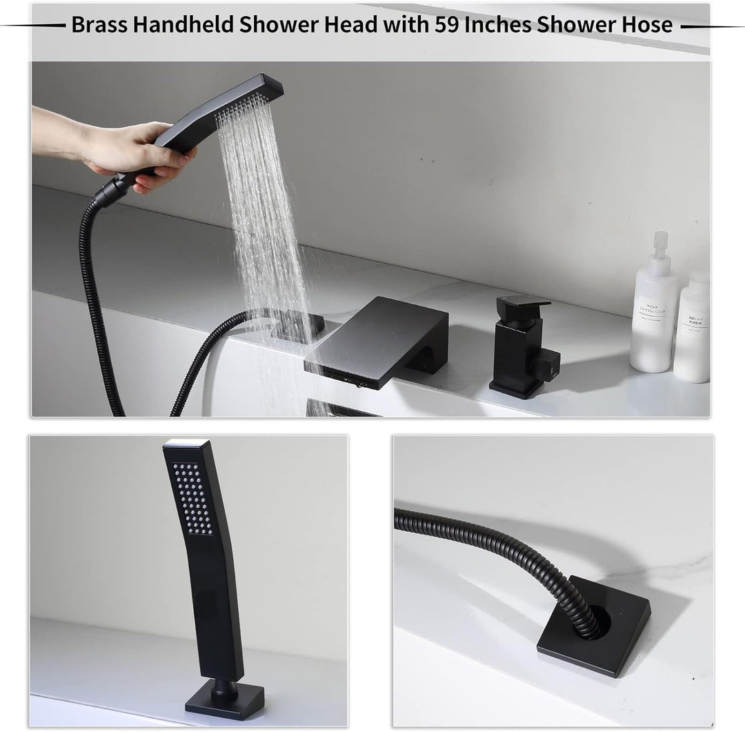 SHANFO 3 Loch Wannenrandarmatur Wasserfall, 3 Loch Badewannenarmatur mit Handbrause,Einzelgriff Wann