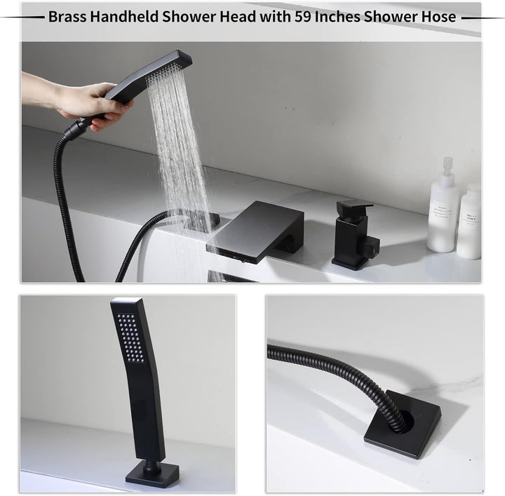 SHANFO 3 Loch Wannenrandarmatur Wasserfall, 3 Loch Badewannenarmatur mit Handbrause,Einzelgriff Wann