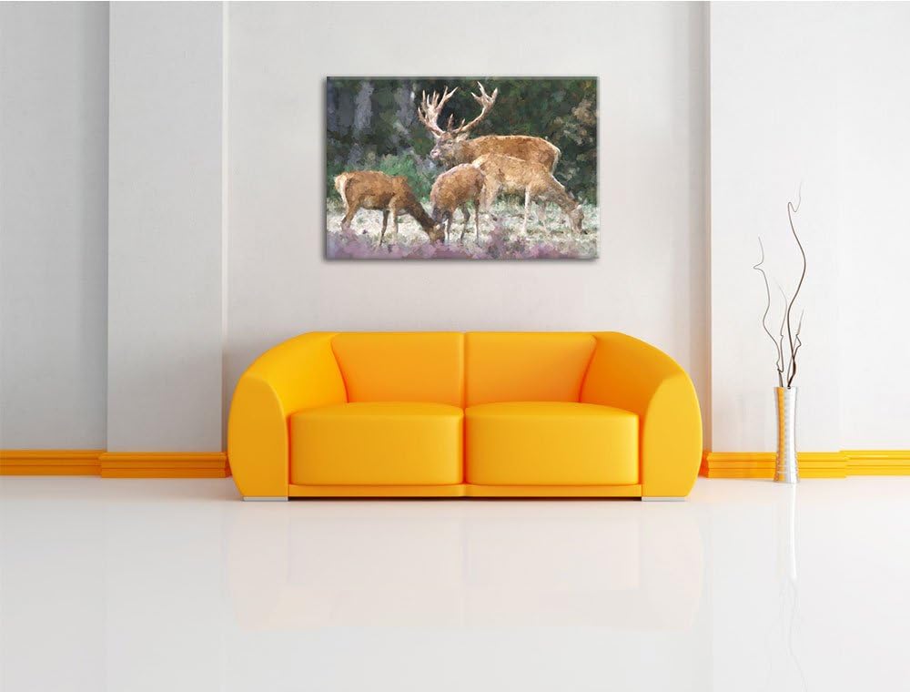 Hirschfamilie auf Waldlichtung NewArt Format: 100x70 cm auf Leinwand, XXL riesige Bilder fertig gera