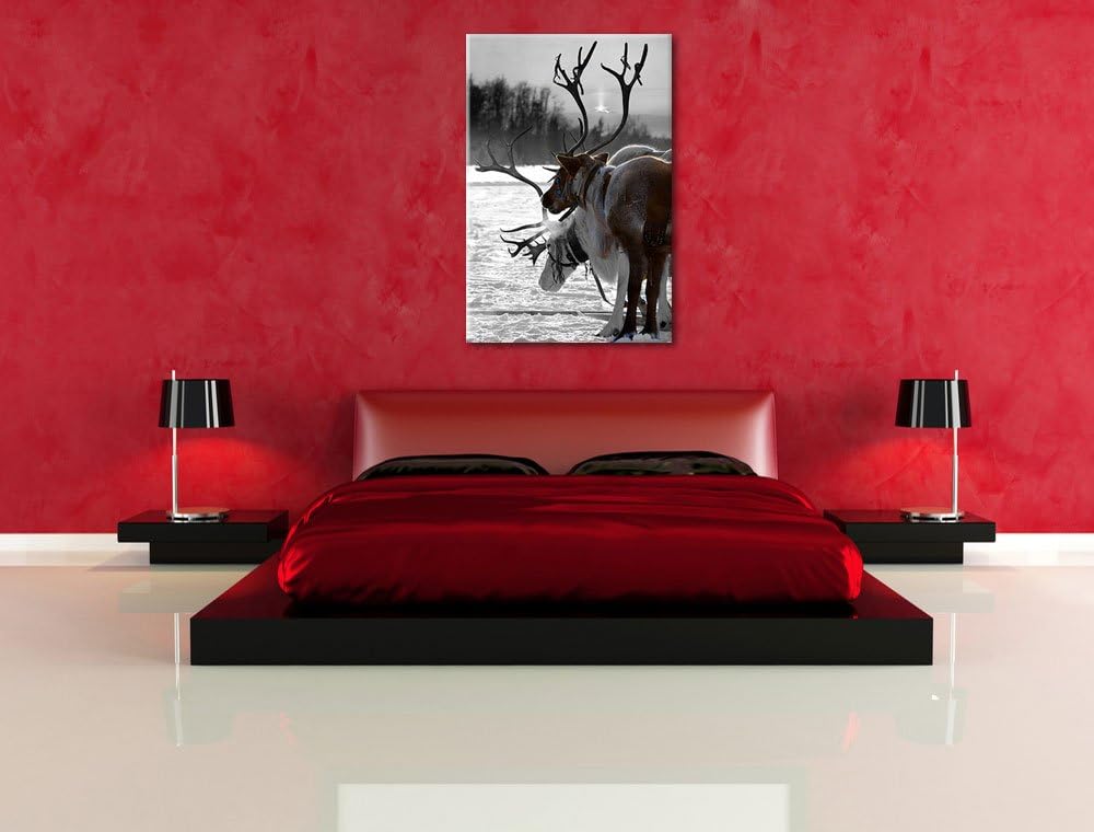 Rentiere im Schnee schwarz/weiss Format: 100x70 auf Leinwand, XXL riesige Bilder fertig gerahmt mit