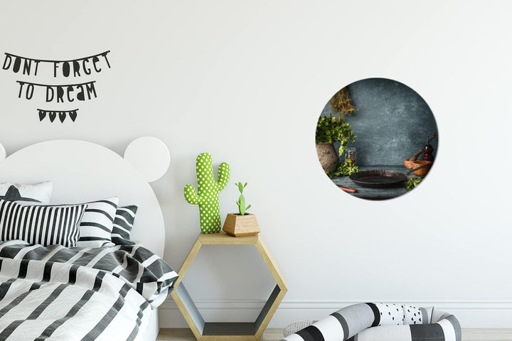 MuchoWow Wandbild Rund Wanddeko Deko Wohnzimmer Bilder 30x30 cm Kräuter - Gewürze - Pfanne - Messer