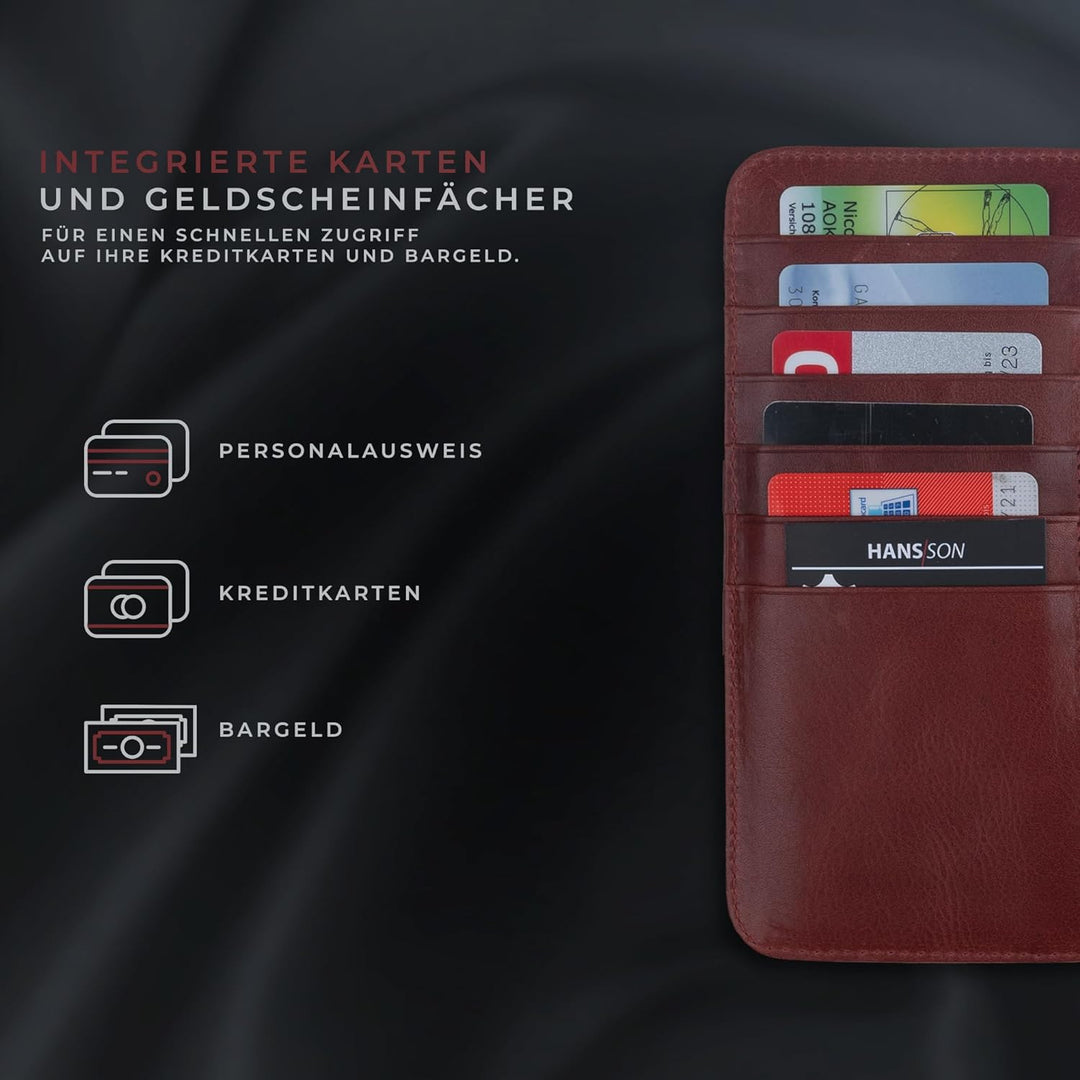 HANS/SON Lederhülle mit Kartenfächern | iPhone 14 | Echtleder | 6,1 Zoll | Schmal | Klapphülle | Sto