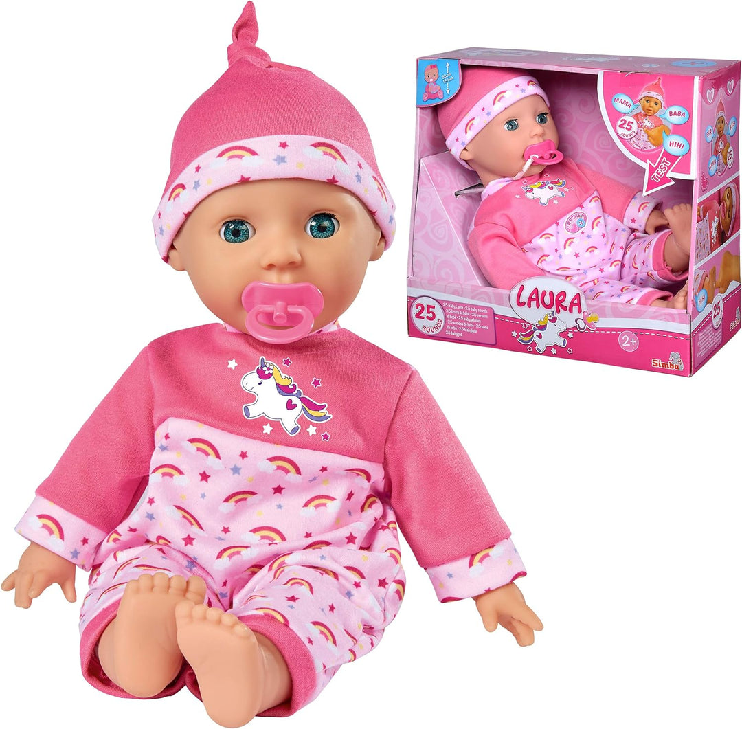 Simba 105140060 - Laura Kitzel Baby, Weichkörperpuppe mit Regenbogenstrampler, macht 25 Babylaute, 3