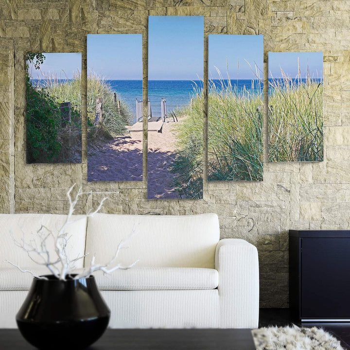Feeby Bilder Modern Landschaft 5 Teilig Design Art Strand Gras Pfad blau 100x70 cm Deco panel 100x70