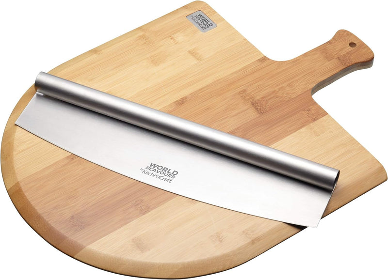 KitchenCraft World of Flavours Pizzabrett aus Holz und Mezzaluna Pizzaschneider Set