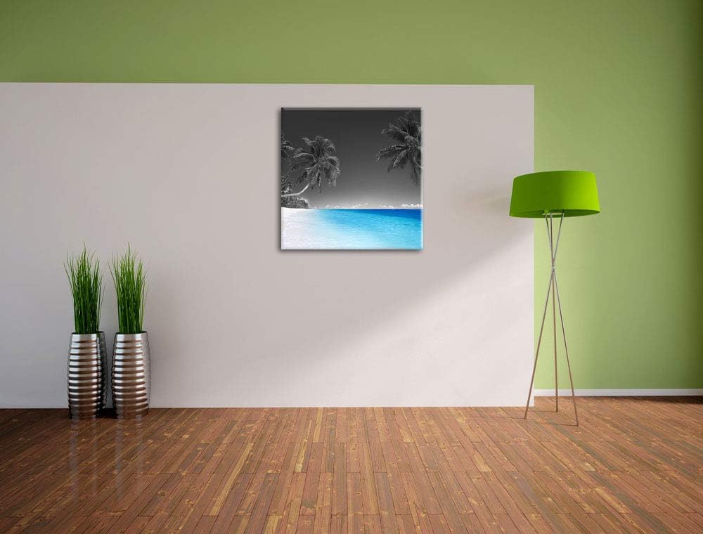 Pixxprint schöne Palmen über dem Meer schwarz/weiss, Format: 70x70 auf Leinwand, 70x70
