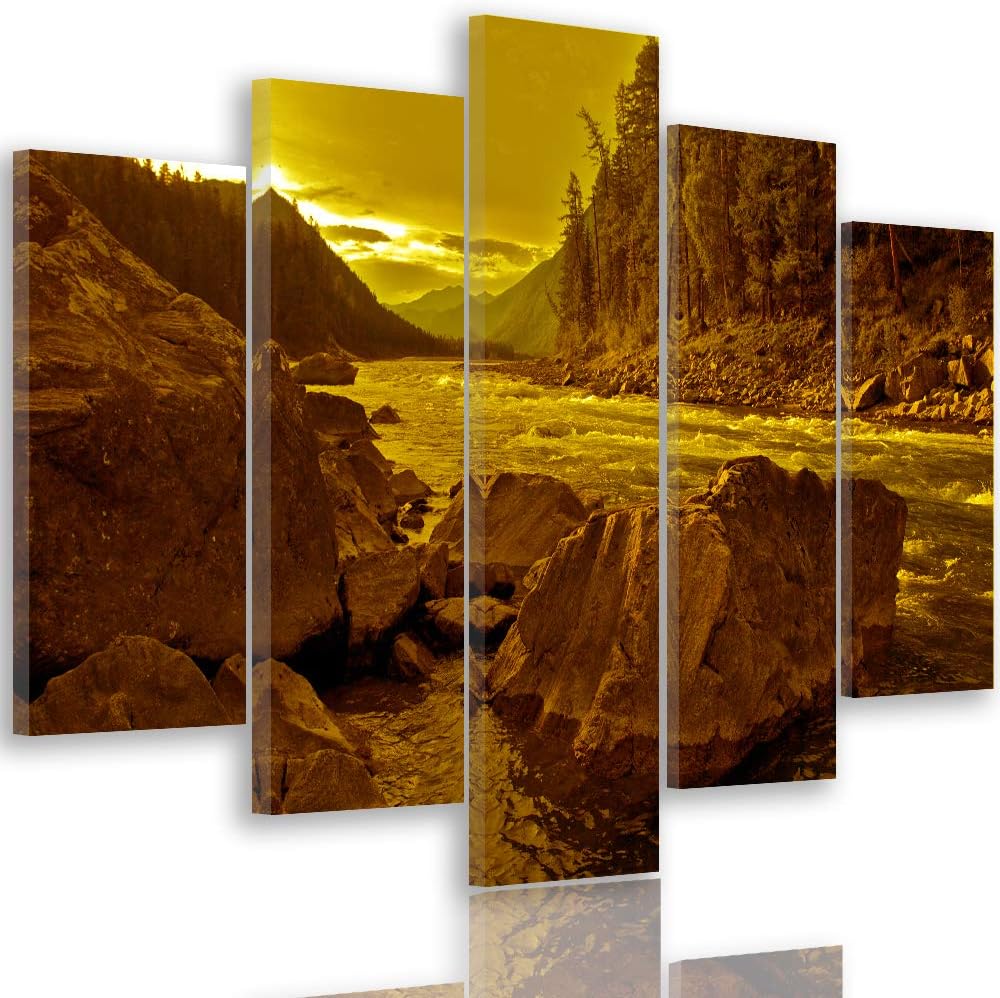 Feeby Bilder Landschaft 150x100 cm - Leinwandbild 5 Teilig XXL Kunstdruck Steine braun Leinwandbild