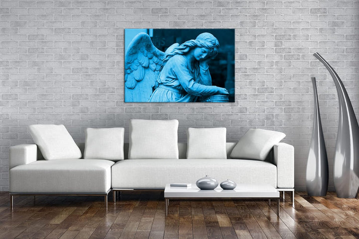 deyoli einsamer Steinengel Format 80x60 Effekt: Monocrome Blau als Leinwandbild, Motiv fertig gerahm