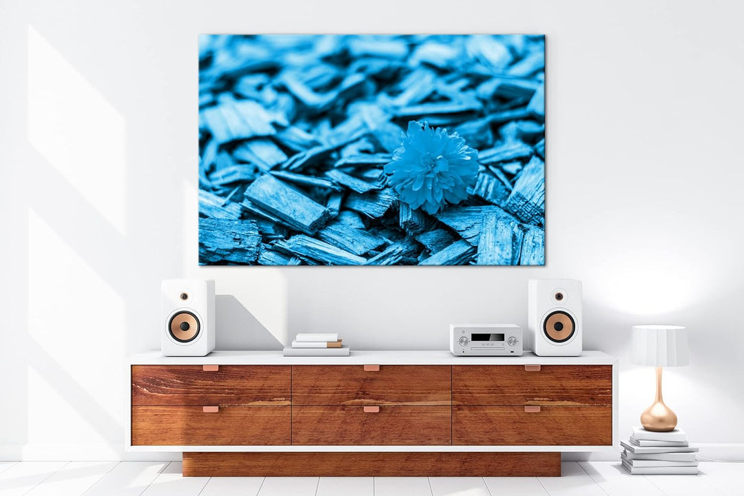 deyoli gelbe Blume auf Holz Format 80x60 Effekt: Monocrome Blau als Leinwandbild, Motiv fertig gerah