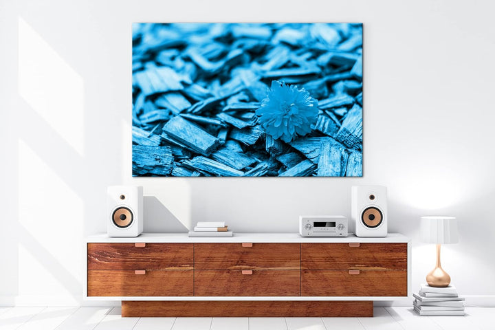 deyoli gelbe Blume auf Holz Format 80x60 Effekt: Monocrome Blau als Leinwandbild, Motiv fertig gerah