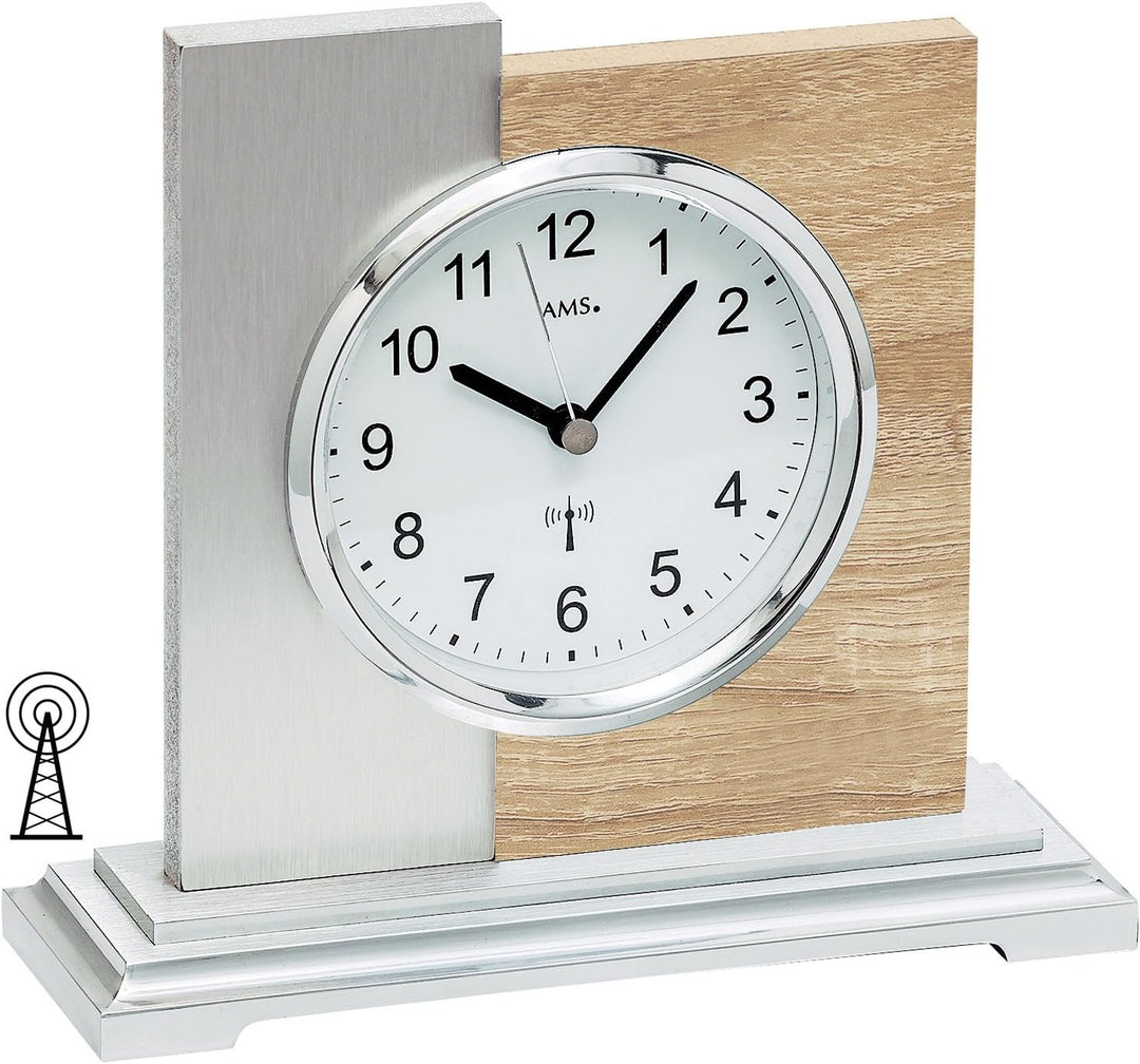 AMS 5151 Tischuhr Funk silbern modern Holz Sonoma Optik mit Aluminium Auflage