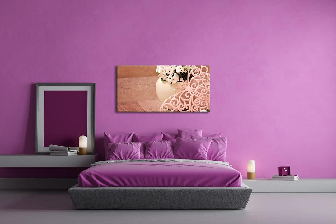 Blumen und Schmetterlinge Panorama 60x30 cm als Leinwandbild, Motiv fertig gerahmt auf Echtholzrahme
