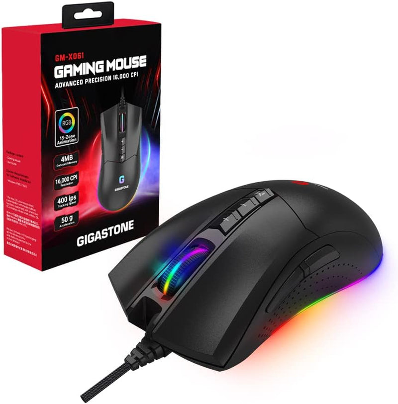 Gigastone Gaming-Maus 16.000 DPI, Kabelgebundene Gaming-Maus Mit Anpassbarer RGB-Hintergrundbeleucht