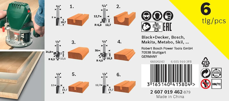 Bosch 6tlg. Hartmetall Fräser Set (für Holz, Ø-Schaft 6 mm, Zubehör Oberfräse) 6mm-Schaft 6 tlg., 6m