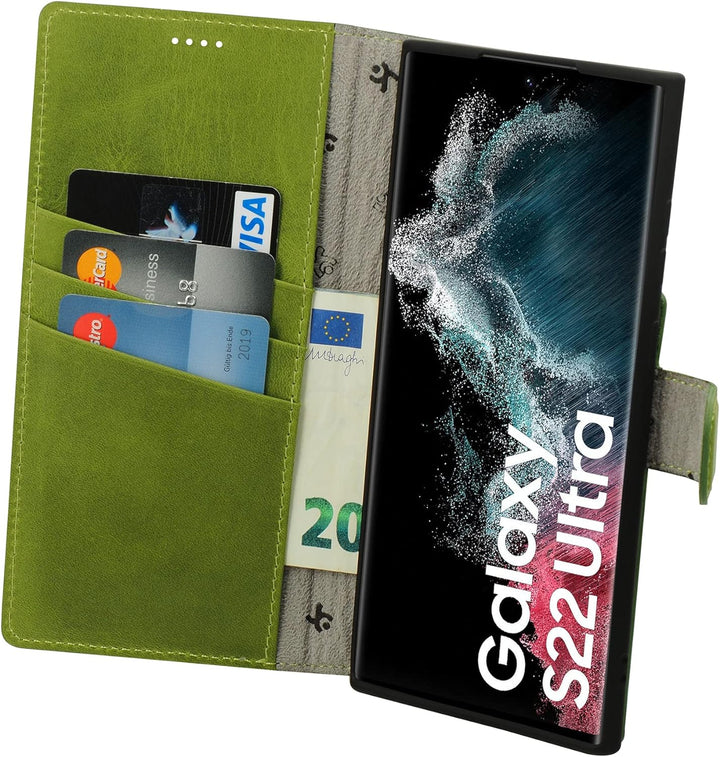 Suncase Book-Style Hülle kompatibel mit Samsung Galaxy S22 Ultra 5G Leder Tasche (Slim-Fit) Lederhül