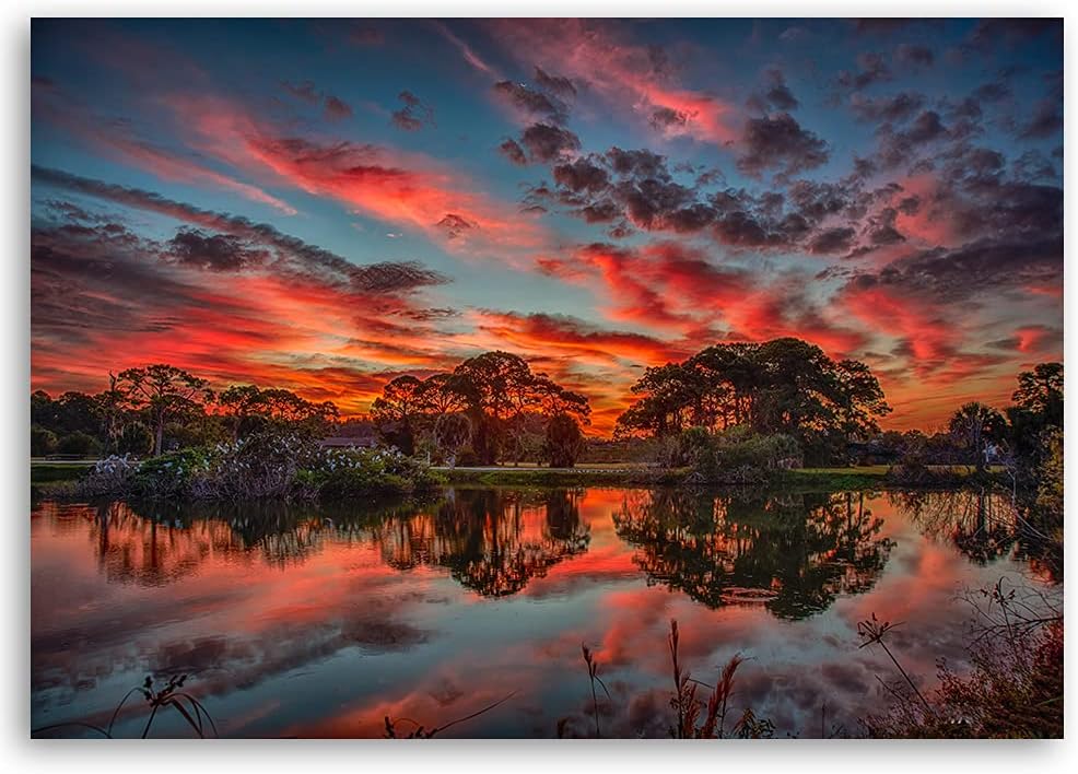 Feeby Bild auf Vlies Leinwand Sonnenuntergang Am See 100x70 cm Kunstdruck Modern Wandbilder Deko Flu