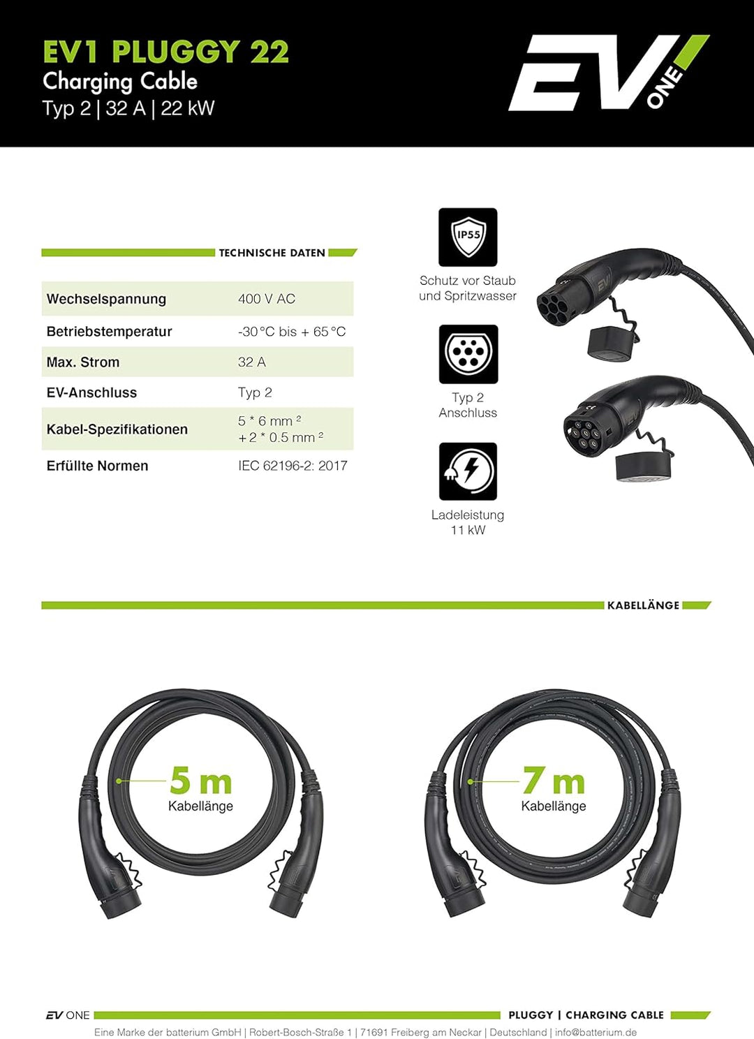 EV1 Typ 2 Ladekabel Elektroauto 22kW 32A 7 Meter 3-phasig Kabel mit IP55 zum Laden für Hybrid & E-Au