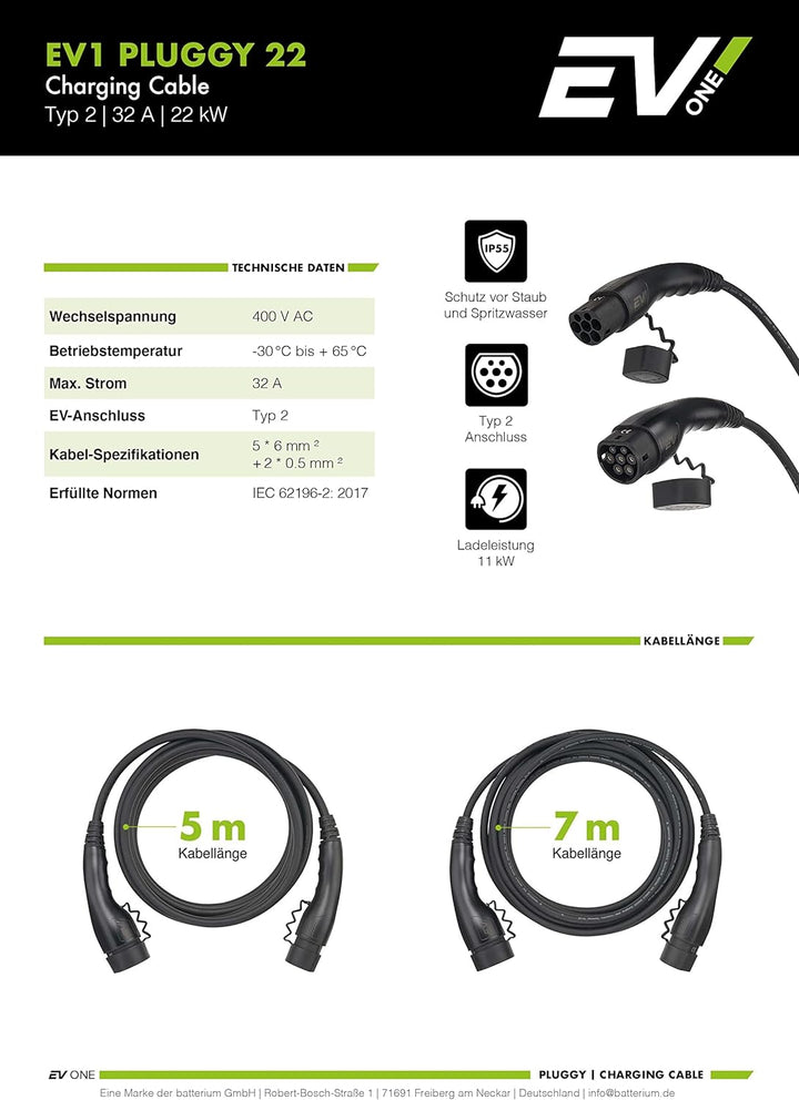 EV1 Typ 2 Ladekabel Elektroauto 22kW 32A 7 Meter 3-phasig Kabel mit IP55 zum Laden für Hybrid & E-Au