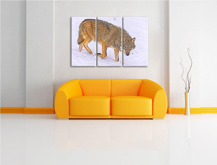 seltener Wolf im Schnee Spezial 3-Teiler Leinwandbild 120x80 Bild auf Leinwand, XXL riesige Bilder f