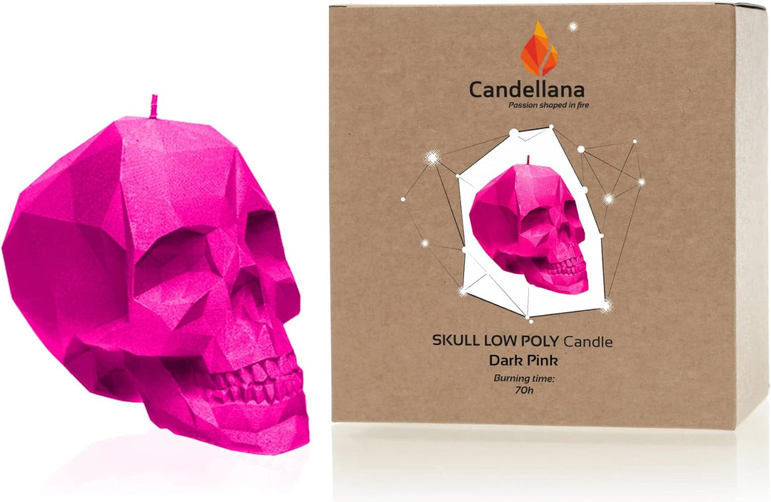 Candellana Kerze Kleiner Schädel Low Poly | Höhe: 7,5 cm | Dunkelrosa | Totenkopf | Handgemacht in d