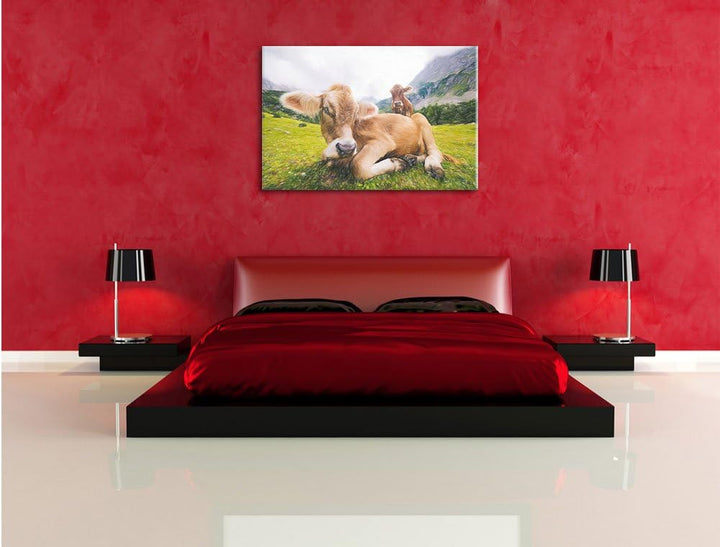 Pixxprint Almkuh in den Bergen / 100x70cm Leinwandbild bespannt auf Holzrahmen/Wandbild Kunstdruck D