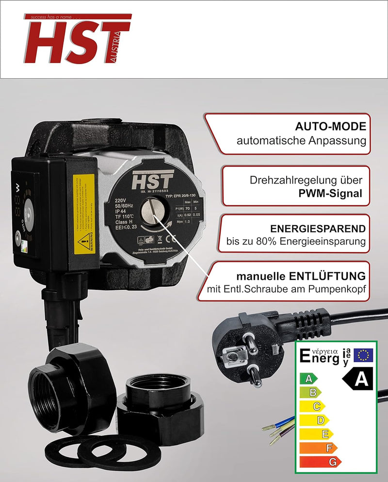 HST | Hocheffiziente Heizungspumpe | Umwälzpumpe | HST EPR 20-8/130 mm | Förderhöhe 8 Meter | Drehza