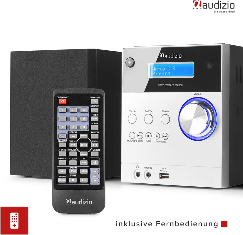 Audizio Metz DAB Radio mit CD, Bluetooth, MP3 Player, Fernbedienung, UKW, Aux Eingang, Radio Wecker,